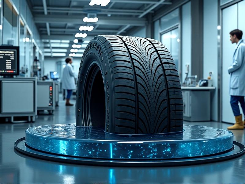 A laboratory setup with specialized equipment testing the durability of tires. The image shows a machine applying pressure and friction to a tire, simulating wear and tear over time. The environment is well-lit, with a focus on the tire’s response to the test.