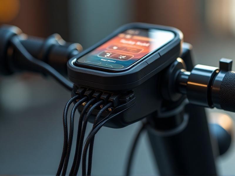 A close-up of a scooter's handlebar with a sound effect module being installed, showing detailed wiring and a smartphone app interface on the screen. The image highlights the technical precision and modern design of the module.