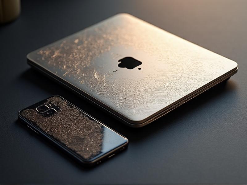 A modern smartphone and laptop with laser-etched aluminum side panels, showcasing sleek and sophisticated designs. The panels feature intricate patterns that add a unique aesthetic appeal to the devices, set against a minimalist background.