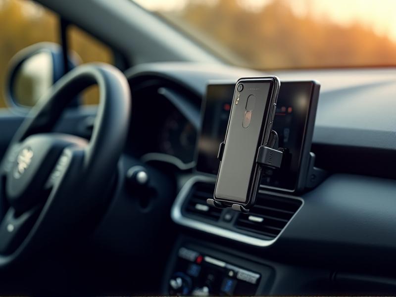 A versatile waterproof cup holder and phone mount combo in a car, featuring an adjustable phone mount and a spill-proof cup holder. The image emphasizes the product’s sleek, minimalist design and its ability to blend seamlessly with the car’s interior, with natural lighting highlighting its practical features.
