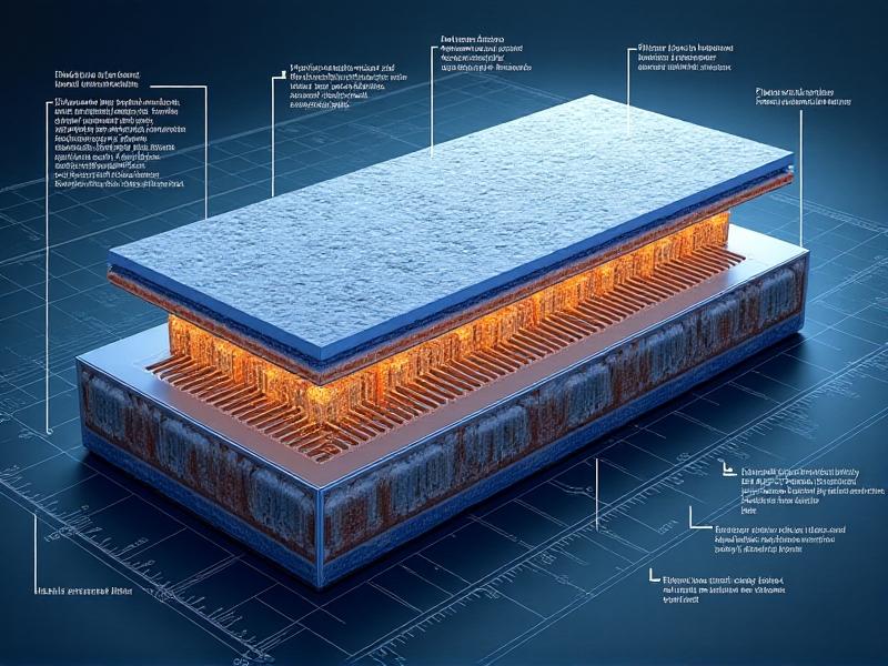 An engineering blueprint of a battery compartment design, showcasing layers of insulation, cooling channels, and airflow pathways. The image highlights the integration of passive and active thermal management systems, with annotations explaining key design features.