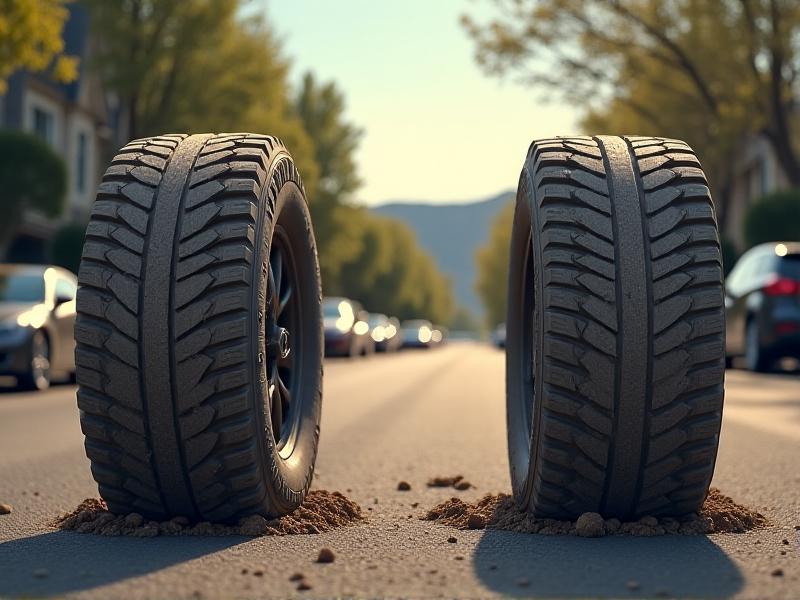 A set of mud-terrain tires being used on a smooth, paved road, showing signs of uneven wear and tear. The background features a suburban street, illustrating the mismatch between tire type and terrain.