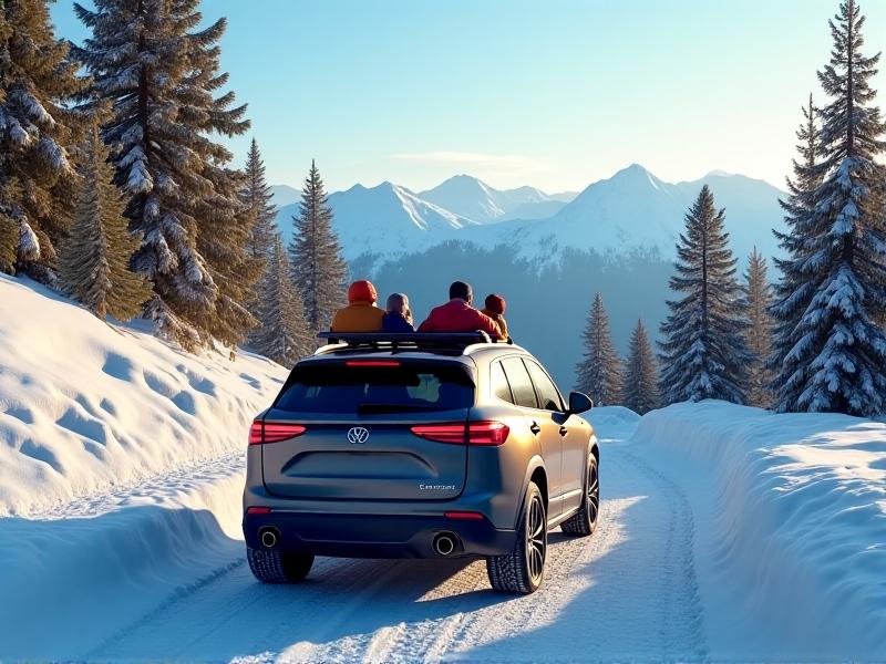 A family in a car with retractable snow chains deployed, driving confidently on a snowy mountain road, with a serene winter landscape and clear blue skies in the background.