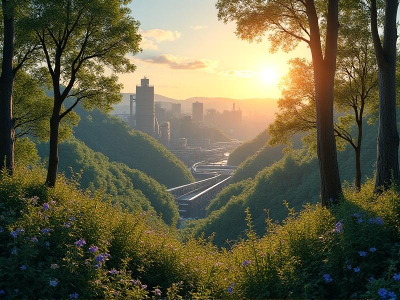 A panoramic view of a Bridgestone recycling center with conveyor belts transporting shredded tire materials, surrounded by lush greenery, emphasizing the brand’s eco-conscious approach.