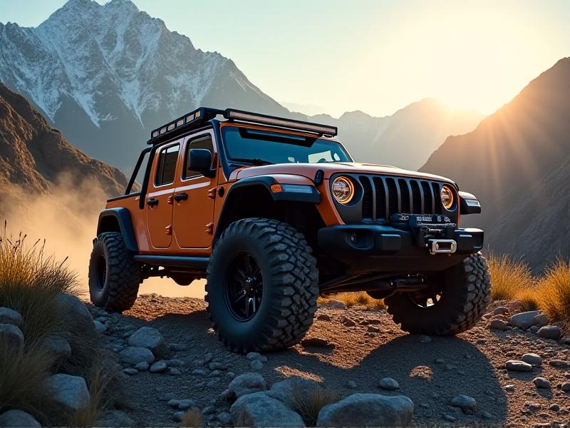 A rugged off-road vehicle navigating a rocky terrain with an all-tire suspension upgrade kit, highlighting the improved ground clearance and stability, set against a dramatic mountainous backdrop with natural lighting and a sense of adventure.