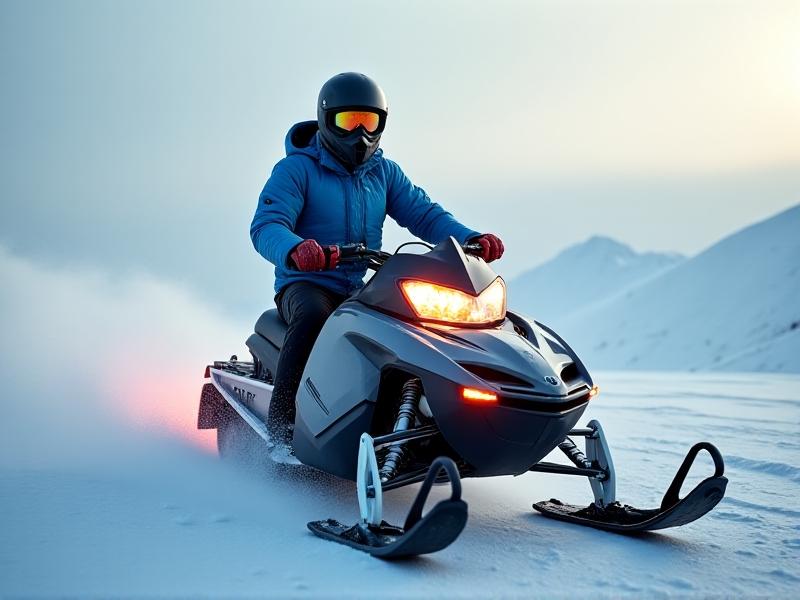 A rider on a snowmobile navigating through a vast, icy Arctic terrain, with heated handlebar grips glowing softly, providing warmth in the freezing environment.
